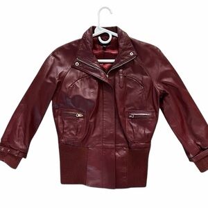 Bebe Red 100% Leather Cropped Moto Bomber Jacket Size XS